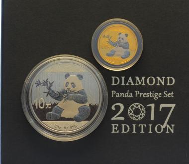 China 10 Yuan & 100 Yuan 2017 Panda - 8 Gramm Feingold & 30 Gramm Feinsilber - Diamond Prestige Set
