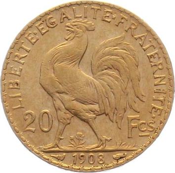 Frankreich 20 Francs 1908 - Hahn