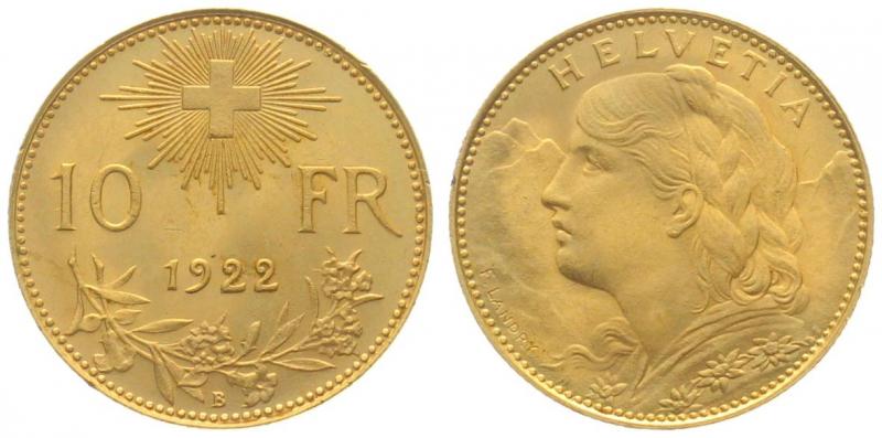 10 Franken 1922 B - Vreneli