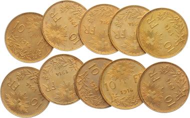 10 Franken Goldvreneli - Lot mit 10 Stück Jg. 1914
