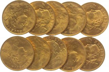 20 Franken Goldvreneli, Lot mit 10 Stück, diverse Jahrgänge