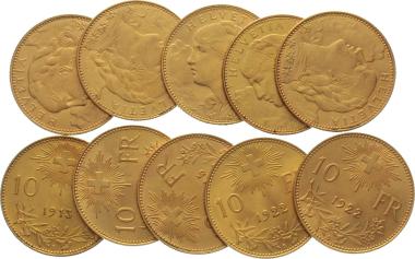 10 Franken Goldvreneli | Lot mit 10 Stück (1913, 1915, 1922 gemischt)