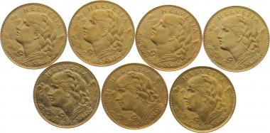 * Komplette Serie 10 Franken 1911 - 1922 Gold