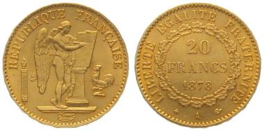 Frankreich 20 Francs 1878 A - Engel & kleiner Hahn