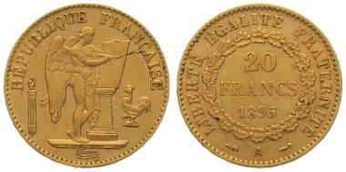 Frankreich 20 Francs 1895 A - Engel & kleiner Hahn