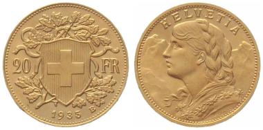 20 Franken 1935 B (o.L) - Vreneli RAR