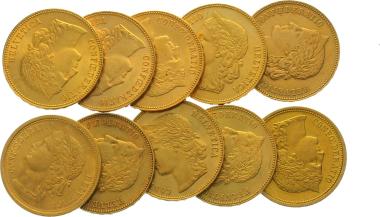 20 Franken Gold Helvetia, Lot mit 10 Stück, diverse Jahrgänge