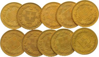 20 Franken Gold Helvetia, Lot mit 10 Stück, diverse Jahrgänge