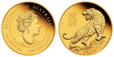 Australien 100 $ 2022 - Jahr des Tigers - 1 Unze Feingold