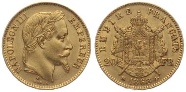 Frankreich 20 Francs 1868 BB - Napoleon III.