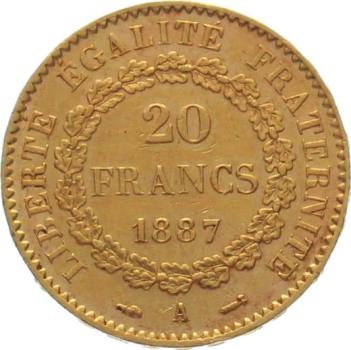 Frankreich 20 Francs 1887 A - Engel & kleiner Hahn
