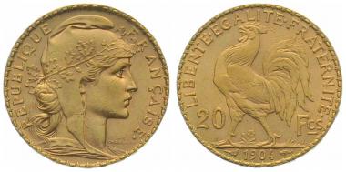 Frankreich 20 Francs 1904 - Hahn