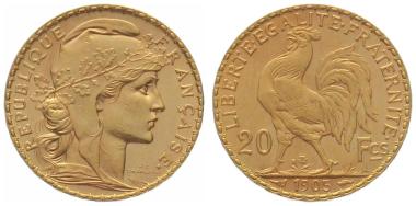 Frankreich 20 Francs 1905 - Hahn