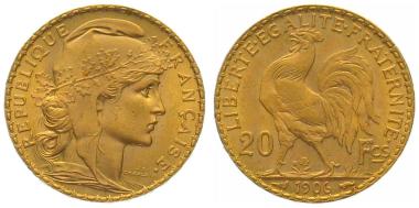 Frankreich 20 Francs 1906 - Hahn