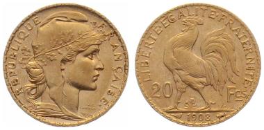 Frankreich 20 Francs 1908 - Hahn