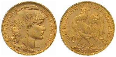 Frankreich 20 Francs 1910 - Hahn
