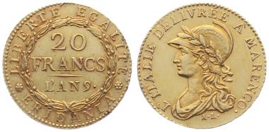 Italien, Subalpine Republik 20 Francs L'AN 9 (1800)