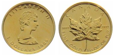 Kanada 5 $ 1989 Maple Leaf - 1/10 Unze Feingold
