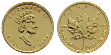 Kanada 5 $ 1990 Maple Leaf - 1/10 Unze Feingold