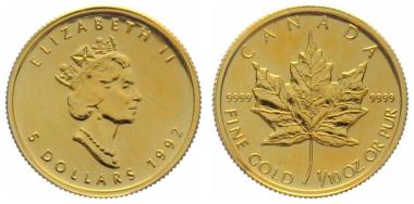 Kanada 5 $ 1992 Maple Leaf - 1/10 Unze Feingold