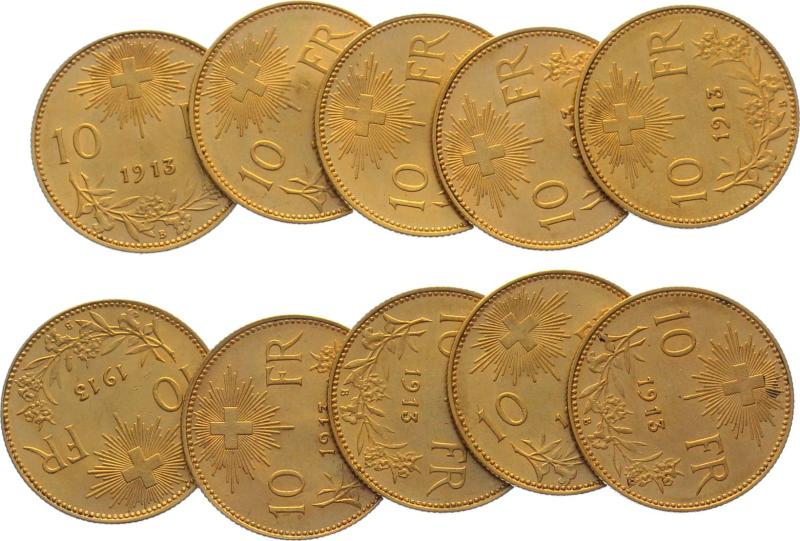 10 Franken Goldvreneli - Lot mit 10 Stück Jg. 1913