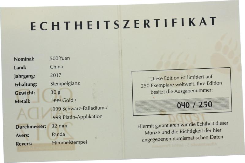 China 500 Yuan 2017 Panda - 30 Gramm Feingold - Double Platinum Edition