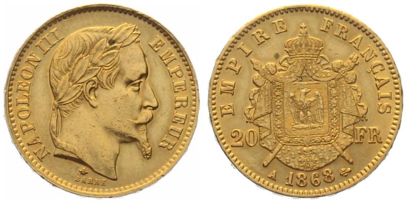 Frankreich 20 Francs 1868 A - Napoleon III.