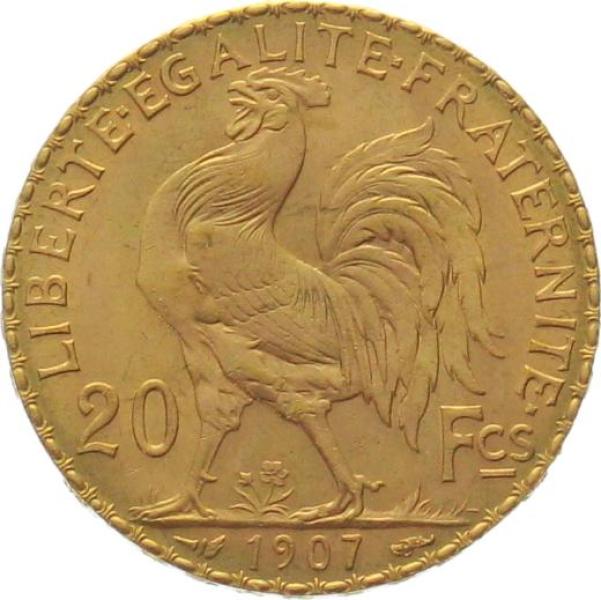 Frankreich 20 Francs 1907 - Hahn