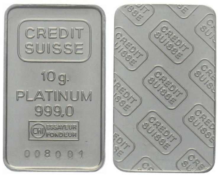 Platinbarren 10 Gramm Credit Suisse - Lot mit 10 Stück, originalverpackt
