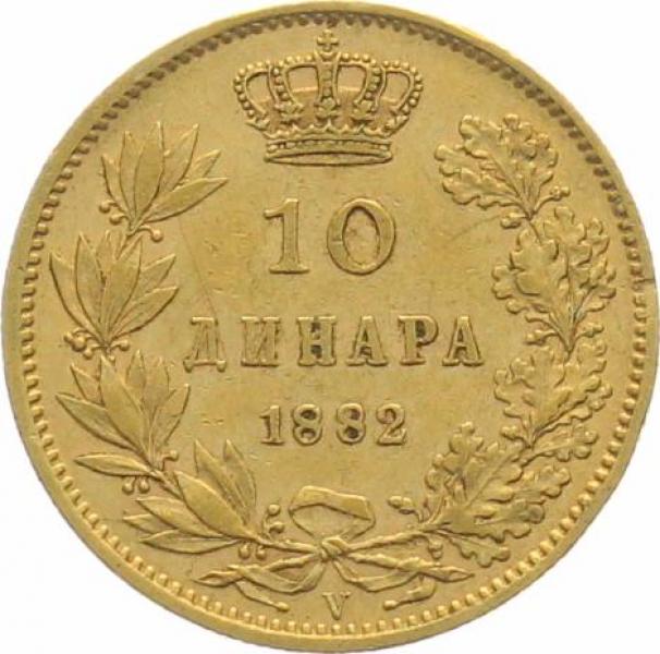 Serbien 10 Dinar 1882 V - Milan I.
