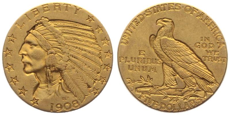 USA 5 $ 1908 D Indian Head