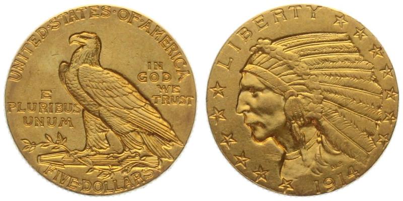 USA 5 $ 1914 o. Mzz. Indian Head